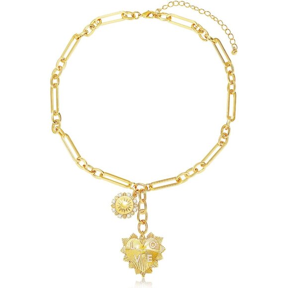 Woman's Gold Heart & Sun Pendant Necklace 18K Waterproof Chunky Jewelry